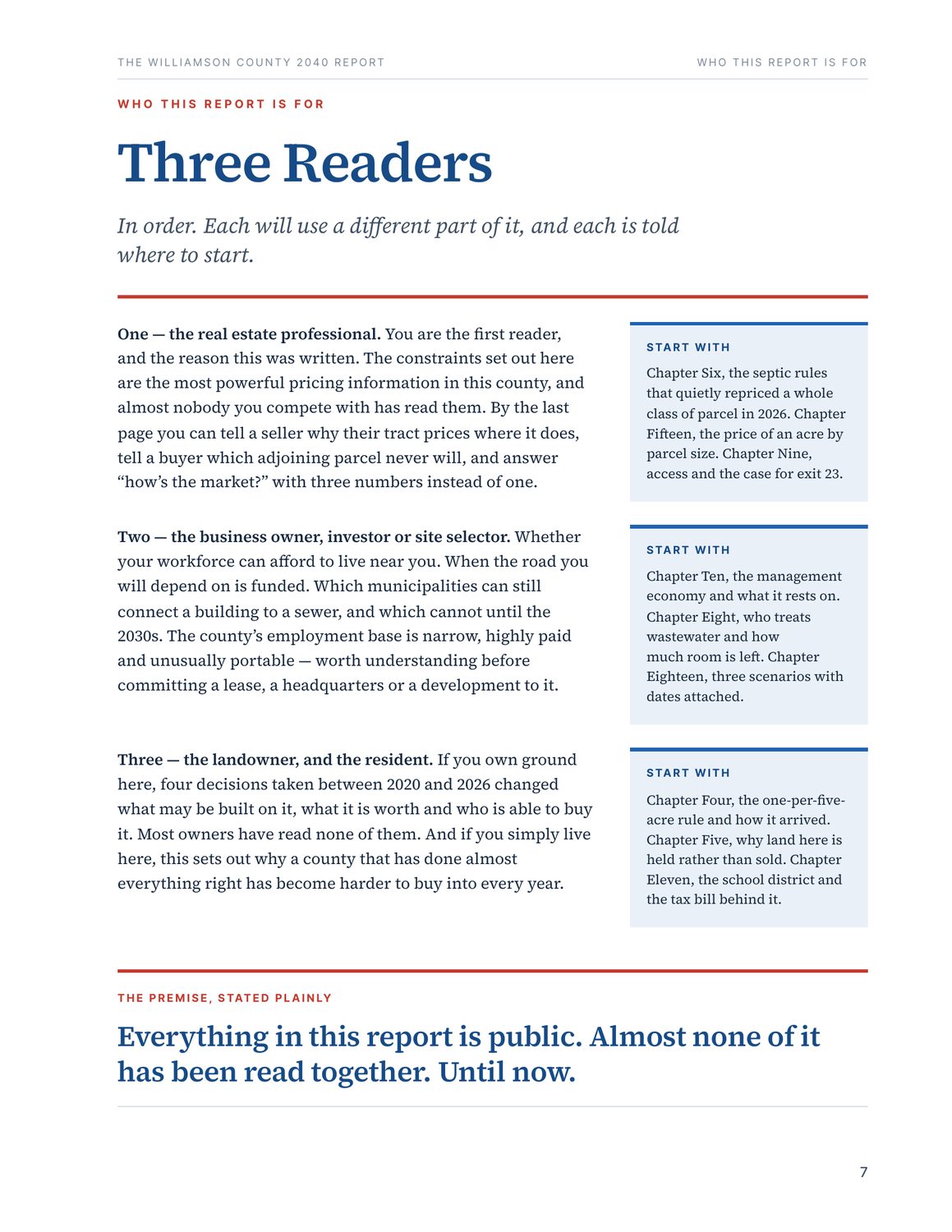 Page 7, Who this report is for — Three Readers